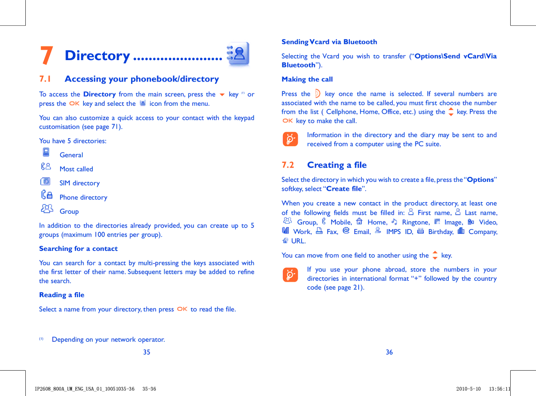 Alcatel 800A manual Directory, Accessing your phonebook/directory, Creating a file 