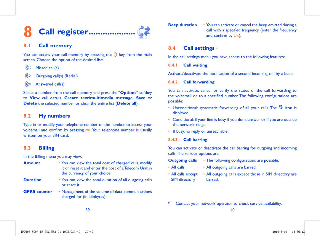 Alcatel 800A manual Call register, Call memory, My numbers, Billing, Call settings 