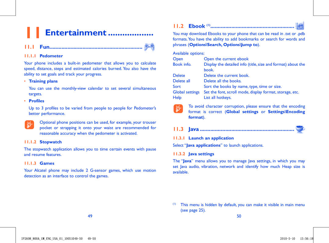 Alcatel 800A manual Entertainment, 11.1 Fun, Ebook, Java 