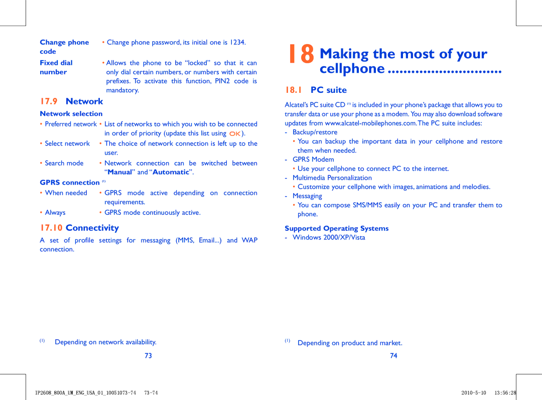 Alcatel 800A manual Making the most of your Cellphone, Network, Connectivity, PC suite 