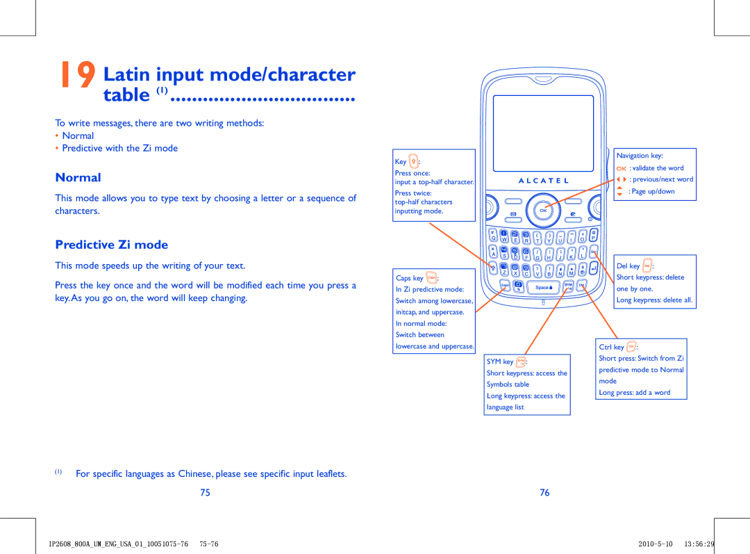 Alcatel 800A manual Latin input mode/character, Normal, Predictive Zi mode 