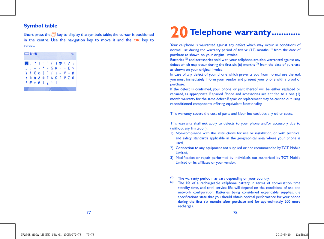 Alcatel 800A manual 20Telephone warranty, Symbol table 