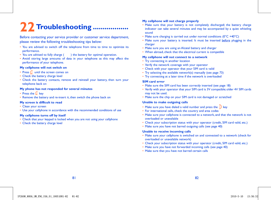 Alcatel 800A manual 22Troubleshooting, My cellphone will not switch on 