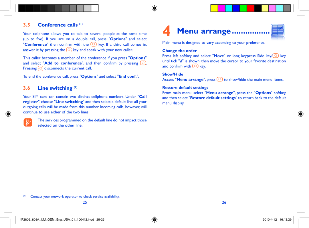 Alcatel 808A manual Menu arrange, Conference calls, Line switching 