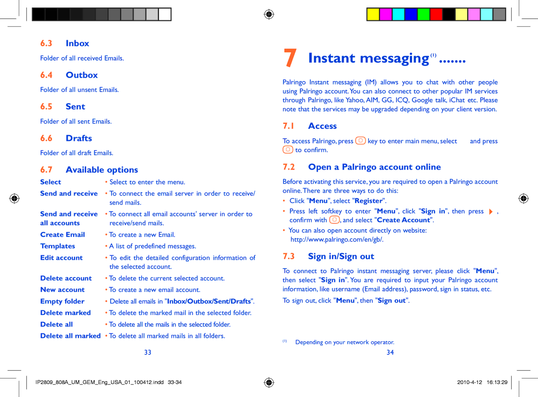Alcatel 808A manual Instant messaging1, Available options, Open a Palringo account online, Sign in/Sign out 