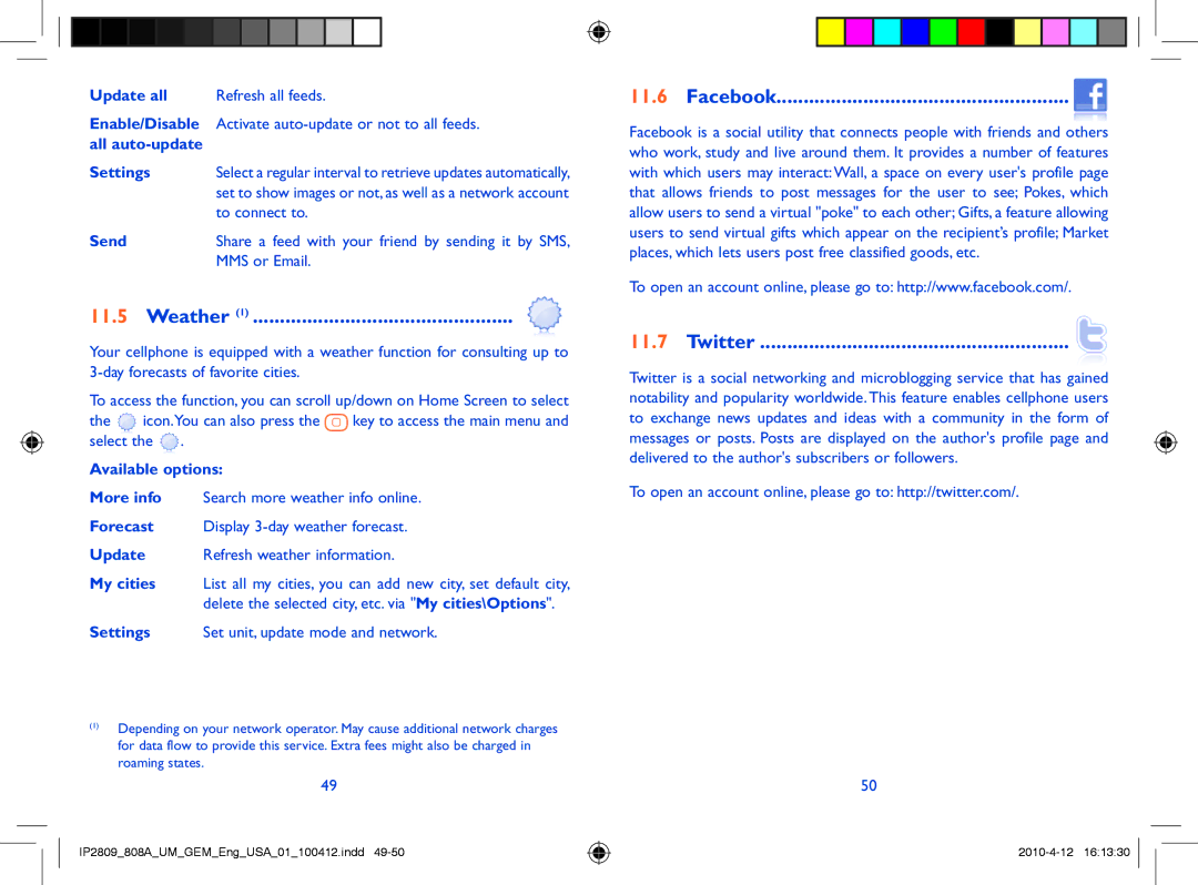 Alcatel 808A manual Weather, Facebook, Twitter, Update all Refresh all feeds, Send 