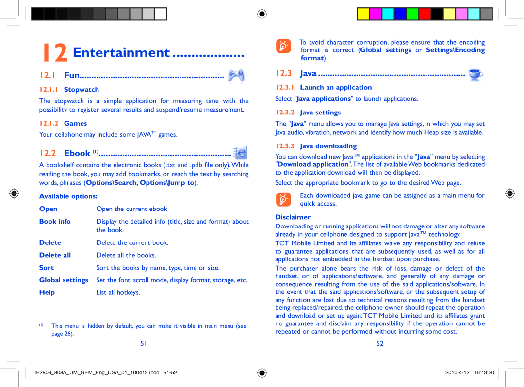 Alcatel 808A manual Entertainment, 12.1 Fun, Ebook, Java 