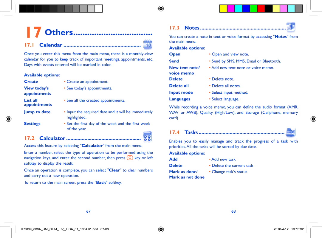 Alcatel 808A manual Others, Calendar, Calculator, Tasks 