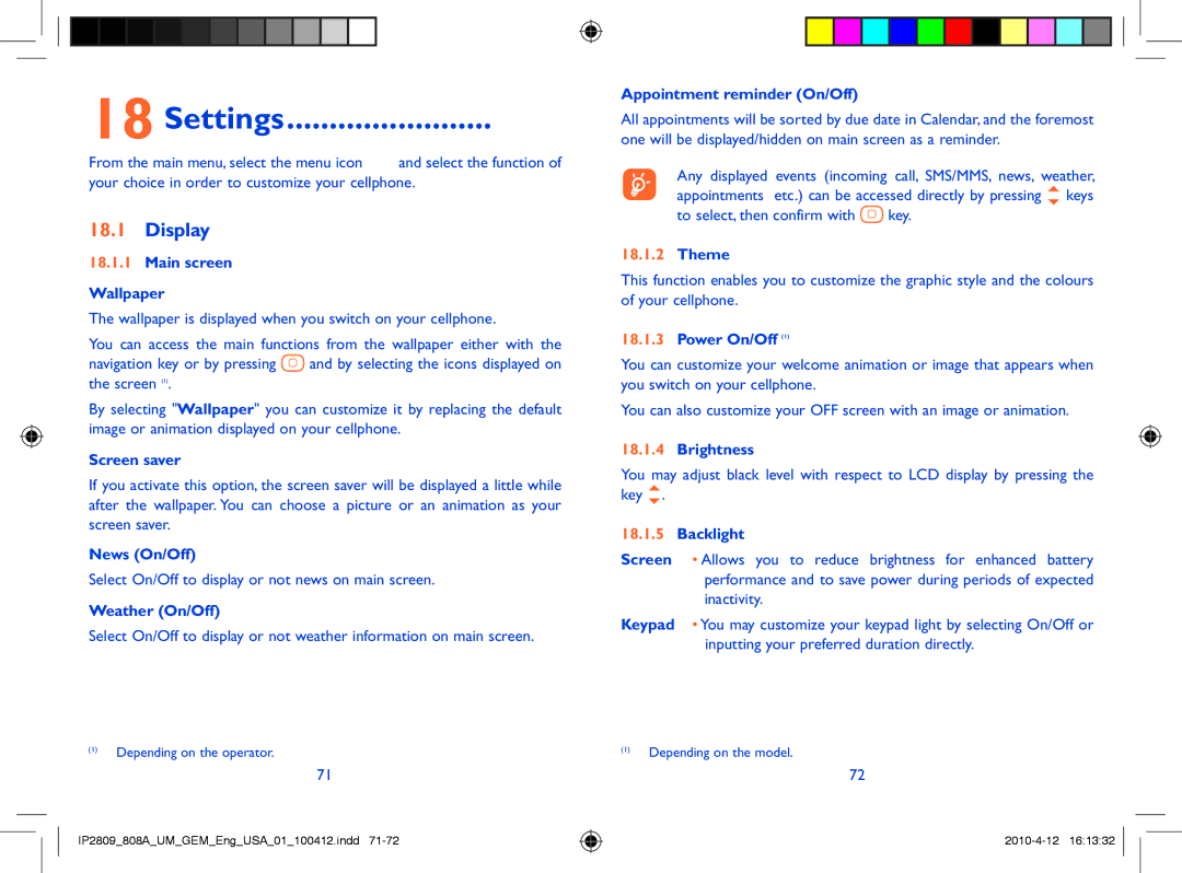 Alcatel 808A manual Settings, Display 