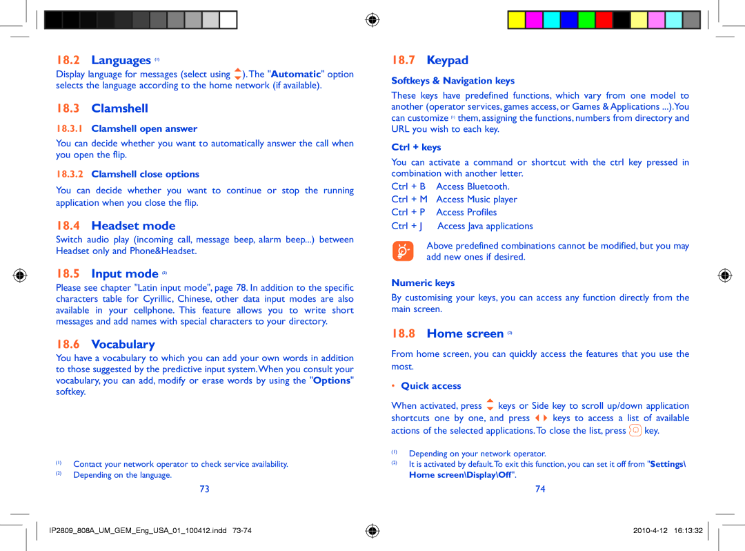 Alcatel 808A manual Languages, Clamshell, Headset mode, Input mode, Vocabulary, Keypad, Home screen 