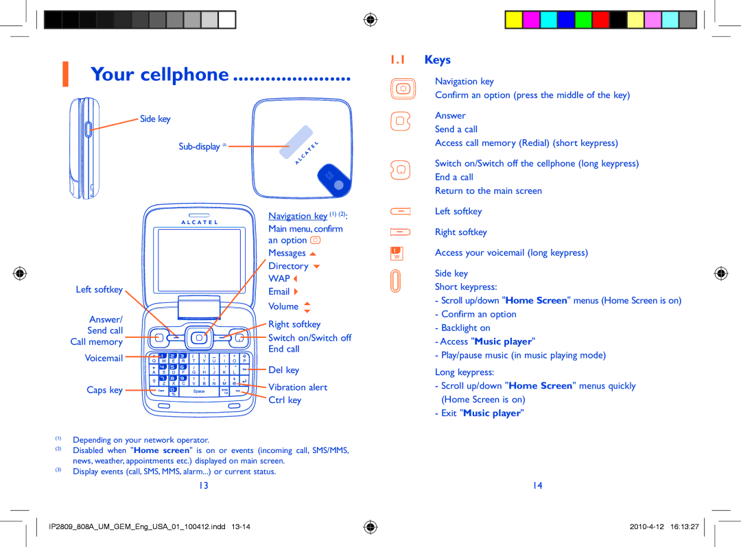 Alcatel 808A manual Your cellphone, Keys, Access Music player, Exit Music player 