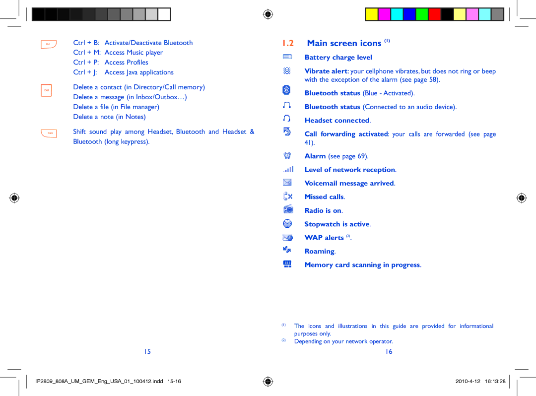 Alcatel 808A manual Main screen icons, Battery charge level, Headset connected 