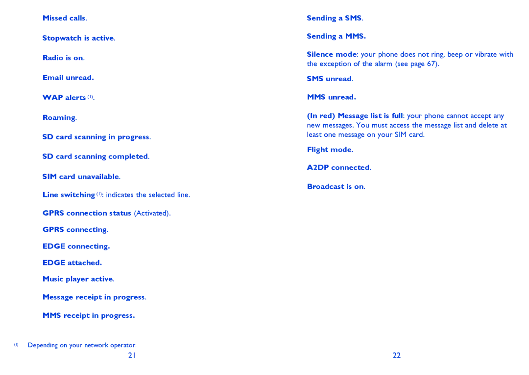 Alcatel 813 manual Sending a SMS Sending a MMS, SMS unread MMS unread, Flight mode A2DP connected Broadcast is on 