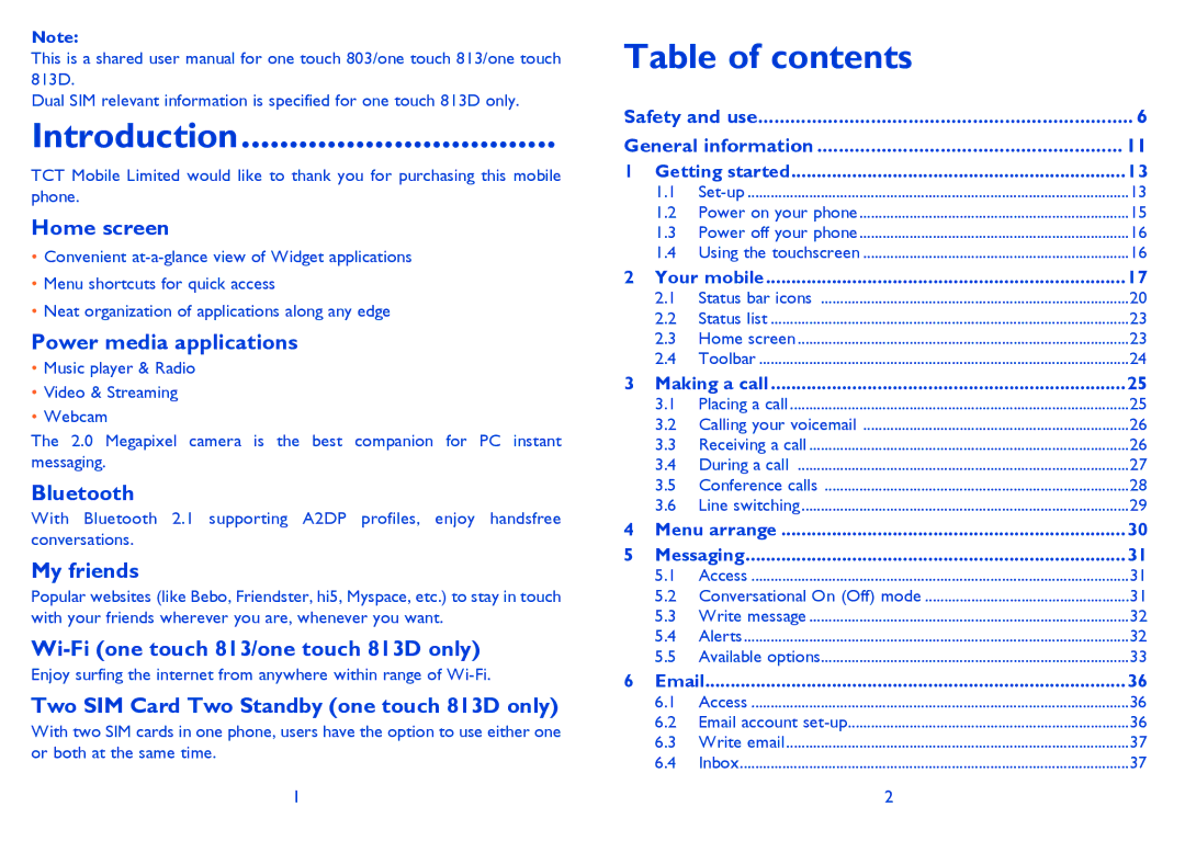 Alcatel 813 manual Introduction, Table of contents 