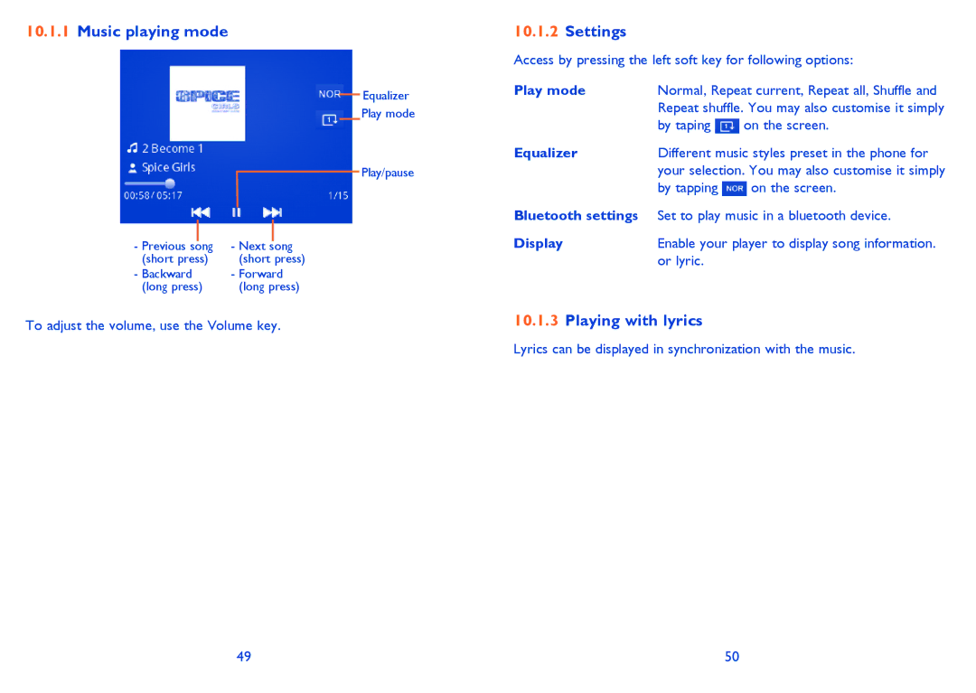Alcatel 813 manual Music playing mode, Playing with lyrics, Play mode, Equalizer, Display 