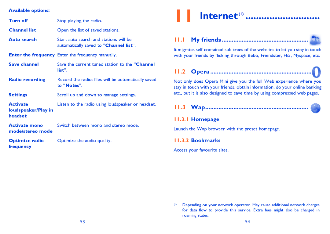 Alcatel 813 manual Internet, Opera, 11.3 Wap, Homepage, Bookmarks 