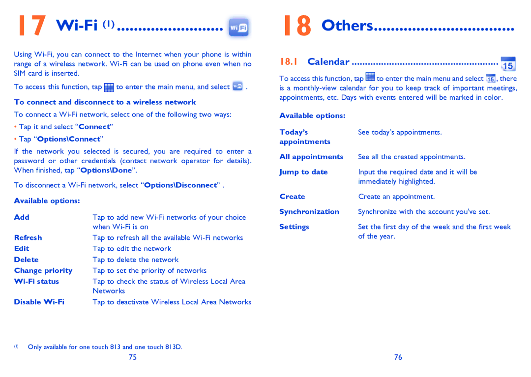 Alcatel 813 manual Wi-Fi, Others, Calendar 