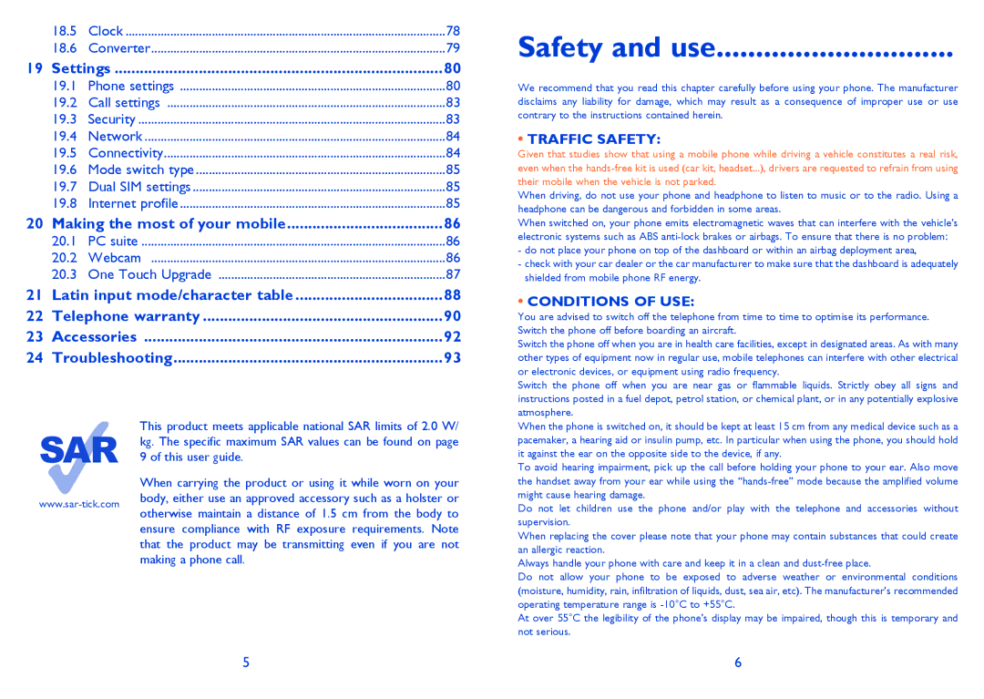 Alcatel 813 manual Safety and use, Settings 