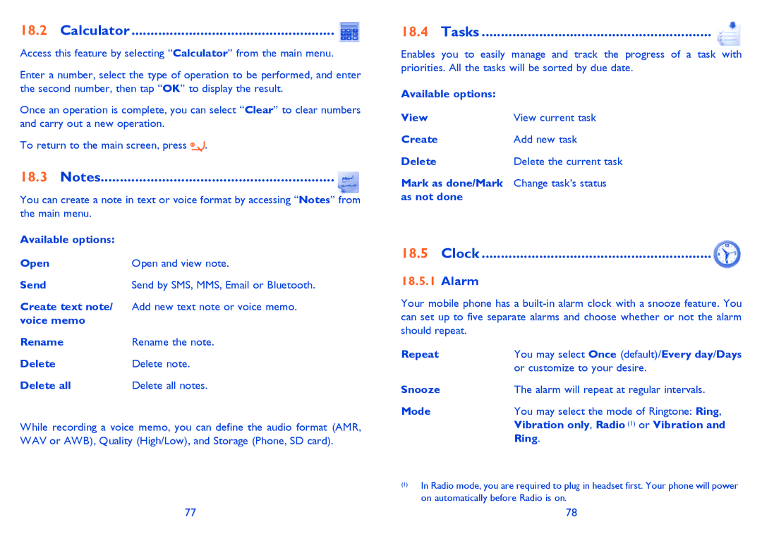 Alcatel 813 manual Calculator, Tasks, Clock, Alarm 