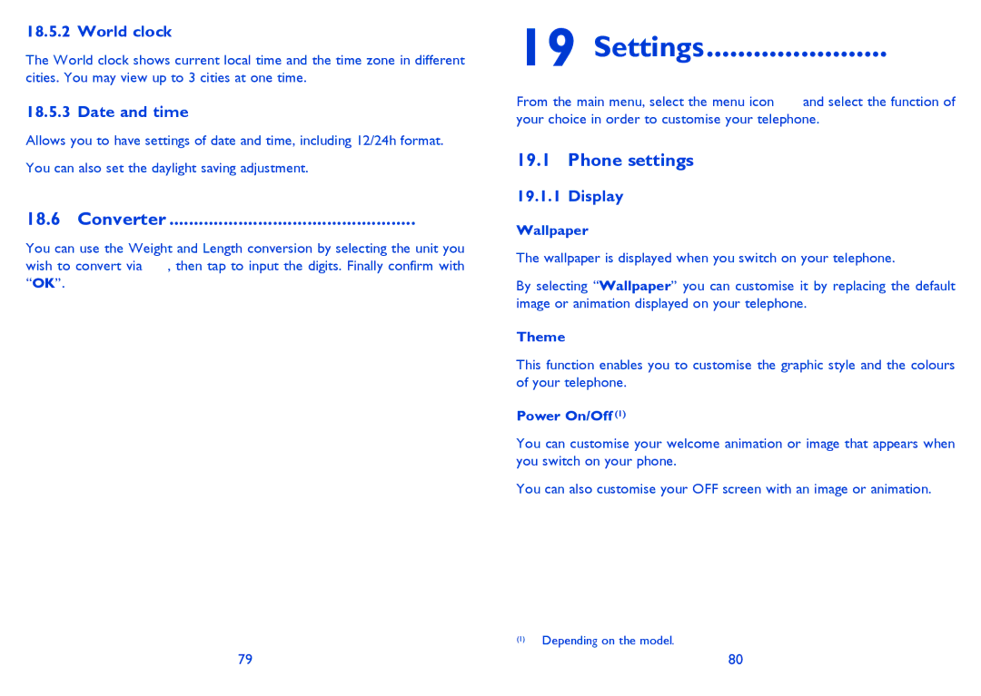 Alcatel 813 manual Settings, Converter, Phone settings 