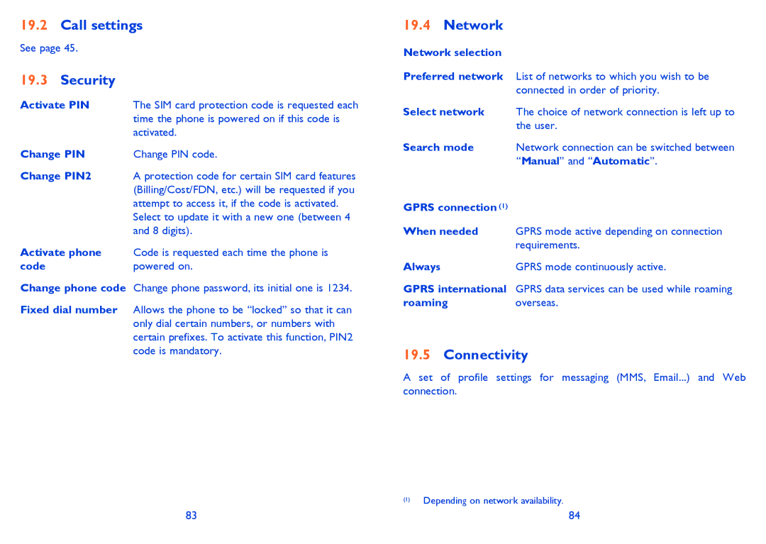 Alcatel 813 manual Call settings, Security, Network, Connectivity 