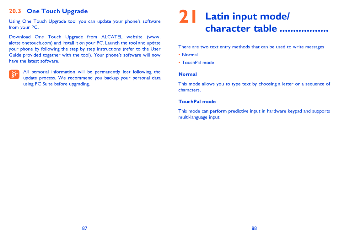 Alcatel 813 manual Latin input mode Character table, One Touch Upgrade, Normal, TouchPal mode 