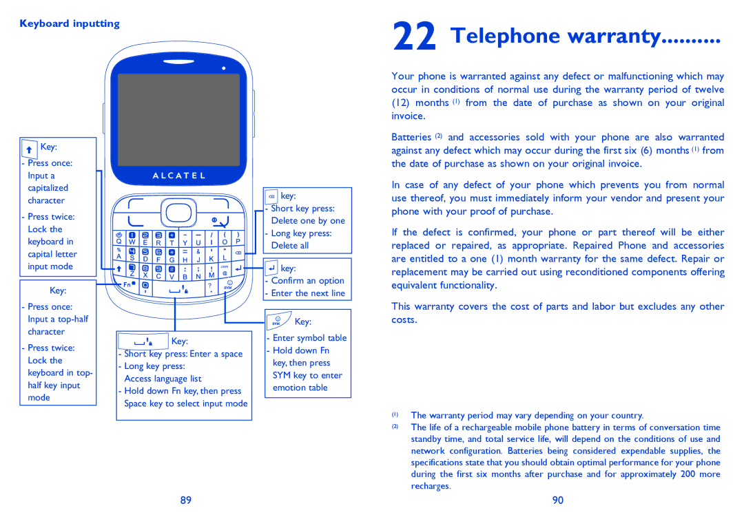 Alcatel 813 manual Telephone warranty, Keyboard inputting 