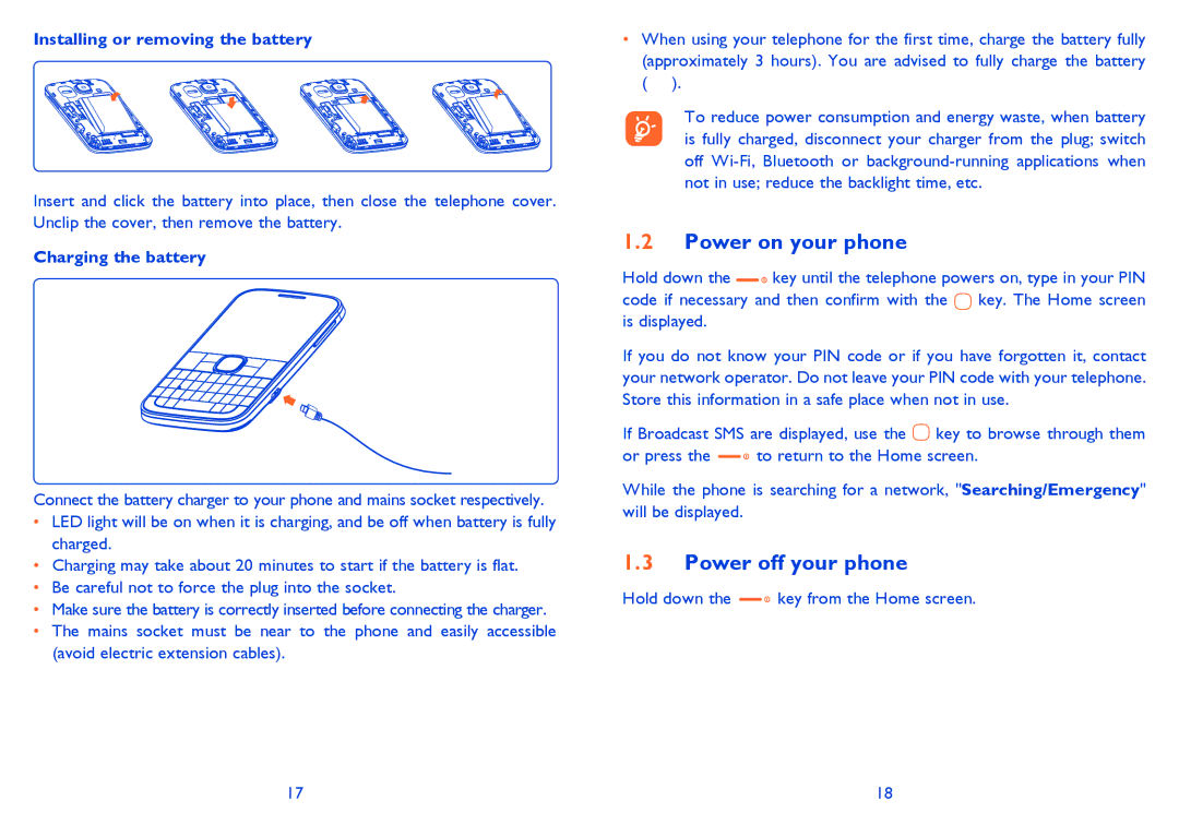 Alcatel 815D manual Power on your phone, Power off your phone, Installing or removing the battery, Charging the battery 