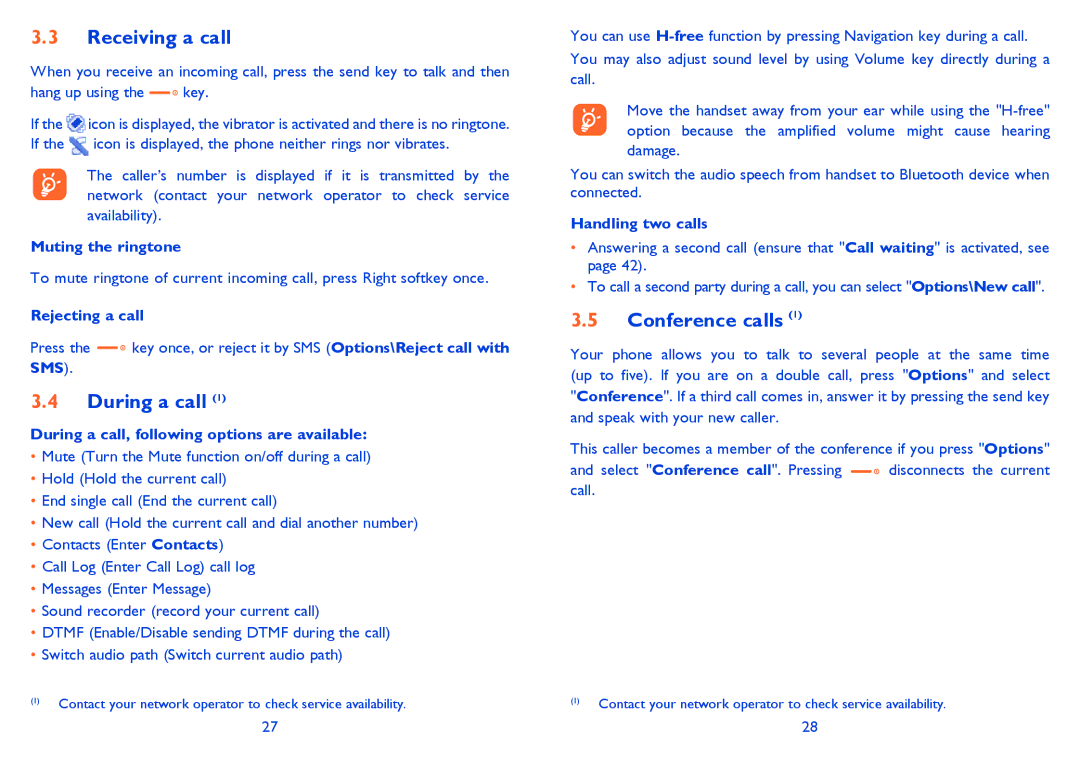 Alcatel 815D manual Receiving a call, During a call, Conference calls 