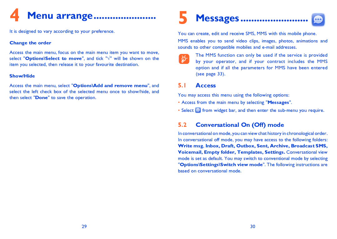 Alcatel 815D manual Menu arrange, Messages, Access, Conversational On Off mode 