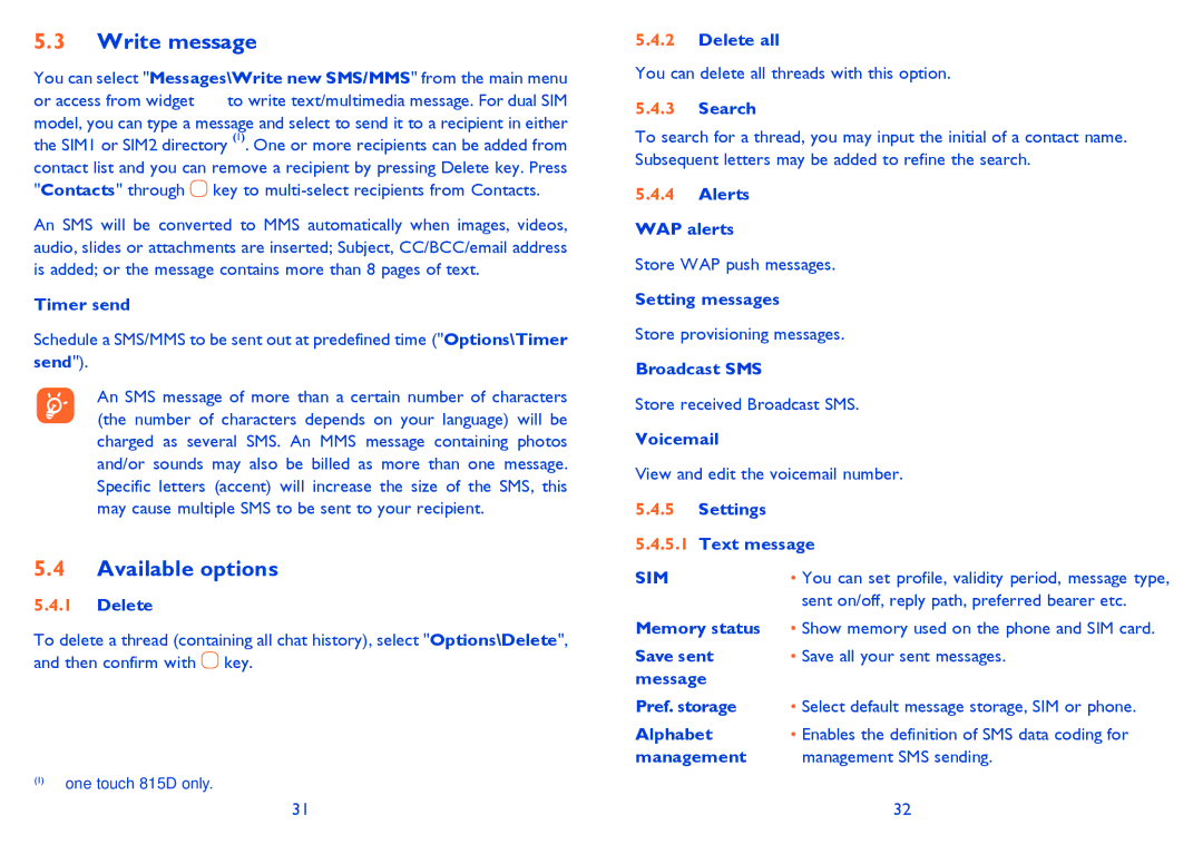 Alcatel 815D manual Write message, Available options 