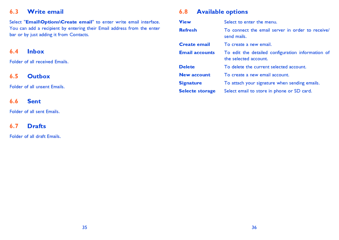 Alcatel 815D manual Write email, Inbox, Outbox, Sent, Drafts 