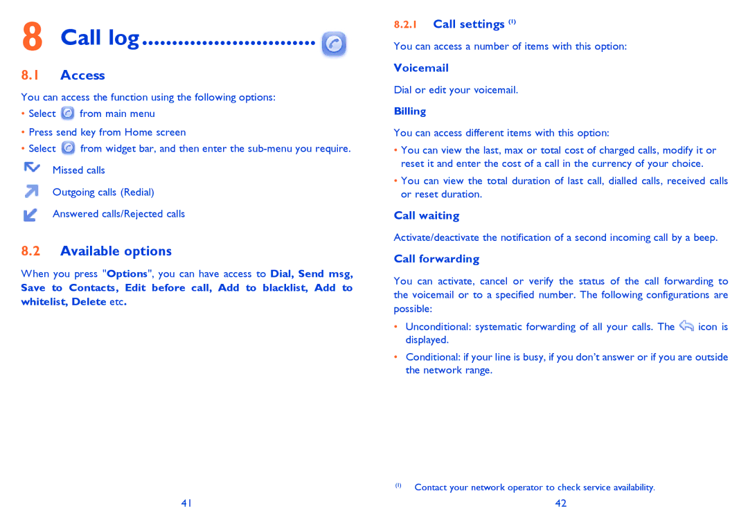 Alcatel 815D manual Call log, Call settings, Billing, Call waiting, Call forwarding 