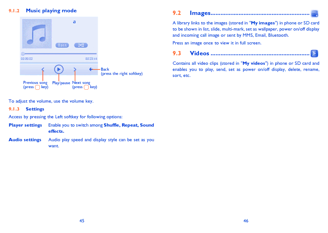 Alcatel 815D manual Images, Videos, Music playing mode, Settings 