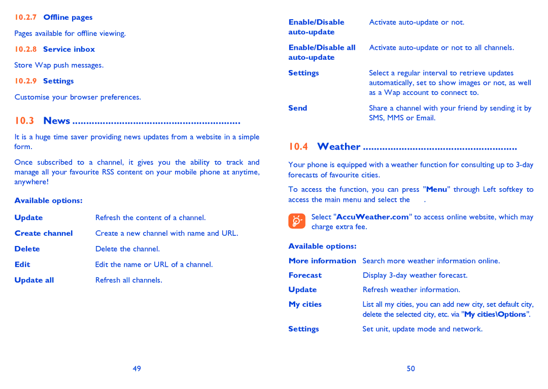 Alcatel 815D manual News, Weather 