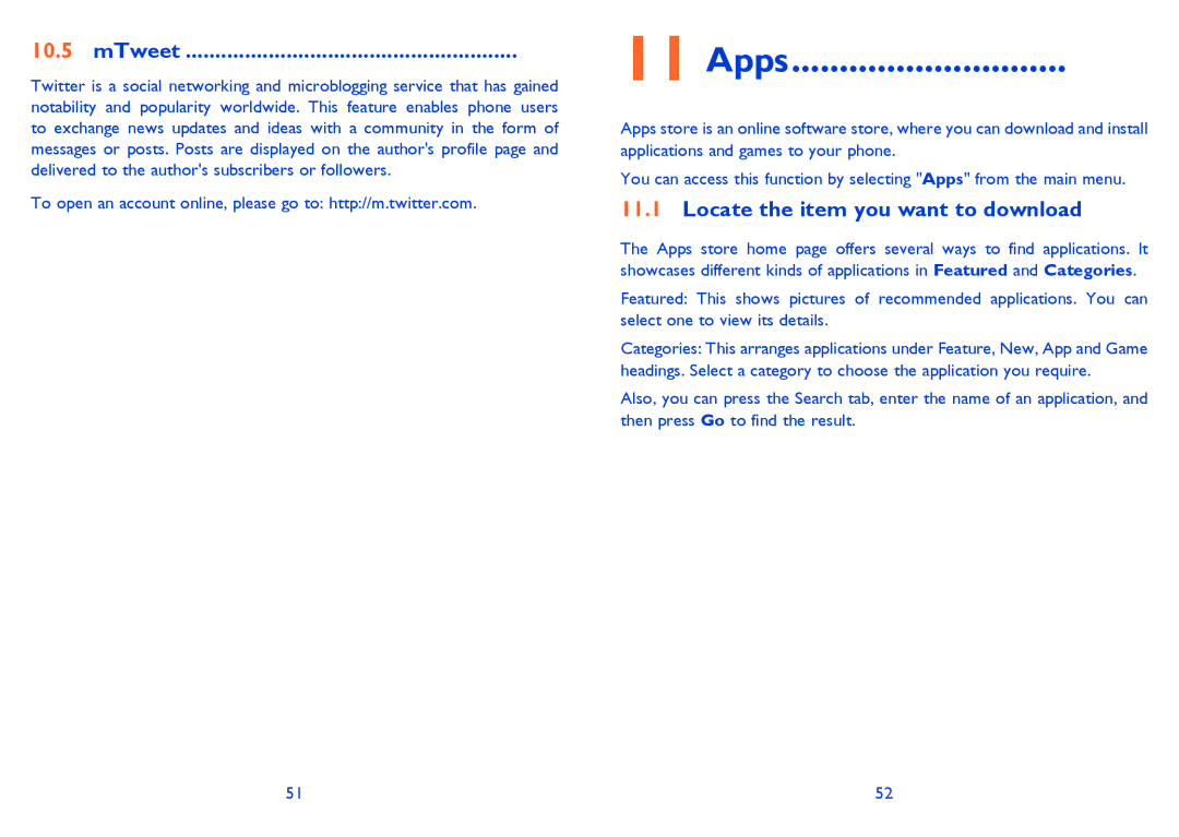 Alcatel 815D manual Apps, MTweet, Locate the item you want to download 