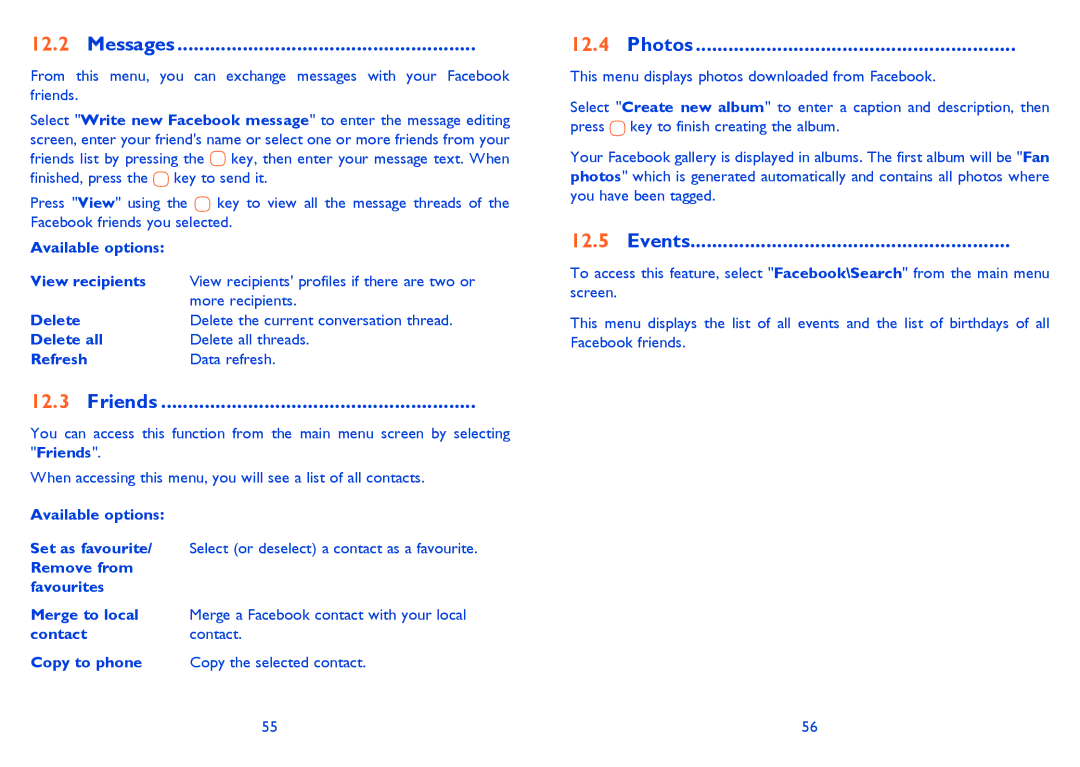 Alcatel 815D manual Messages, Friends, Photos, Events 