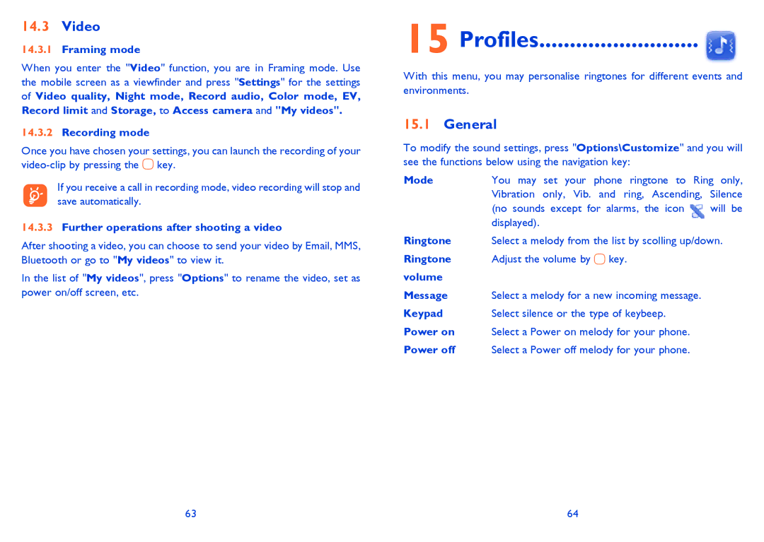 Alcatel 815D manual Profiles, Video, General 