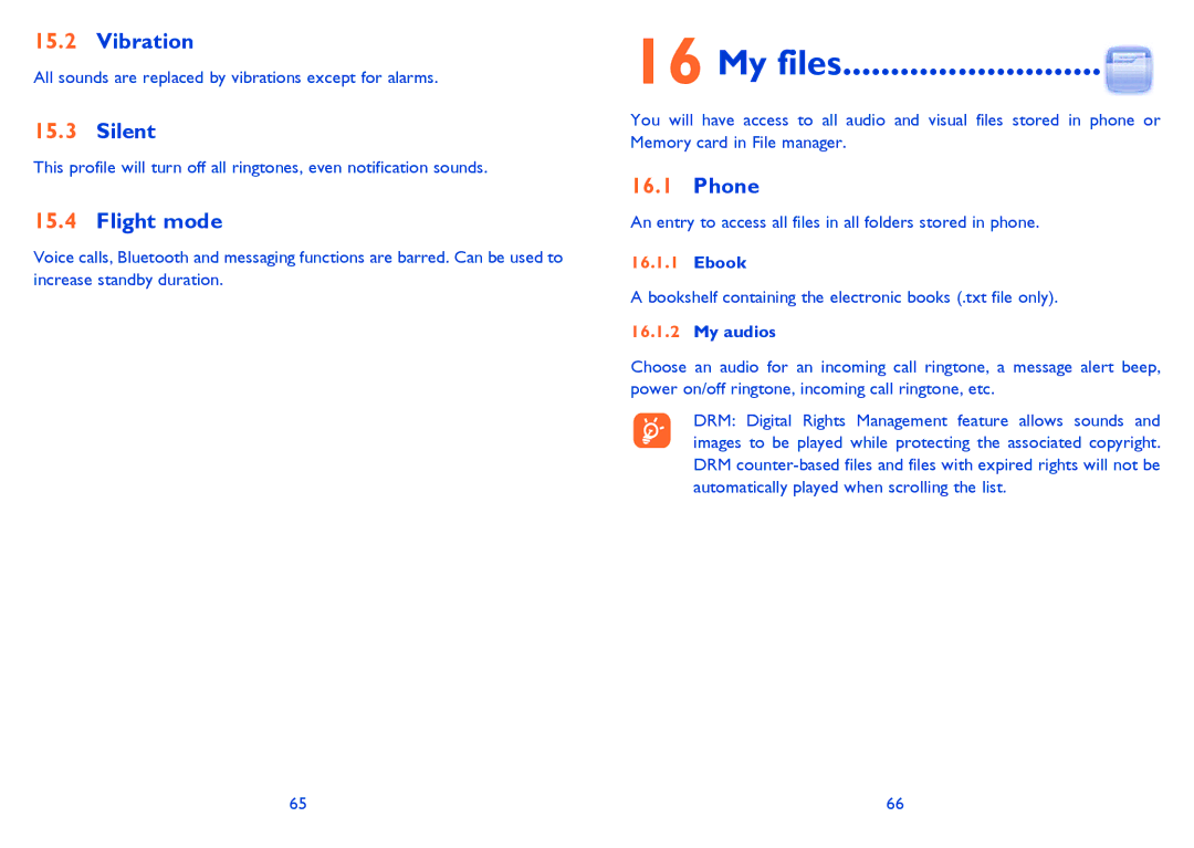 Alcatel 815D manual My files, Vibration, Silent, Flight mode, Phone 