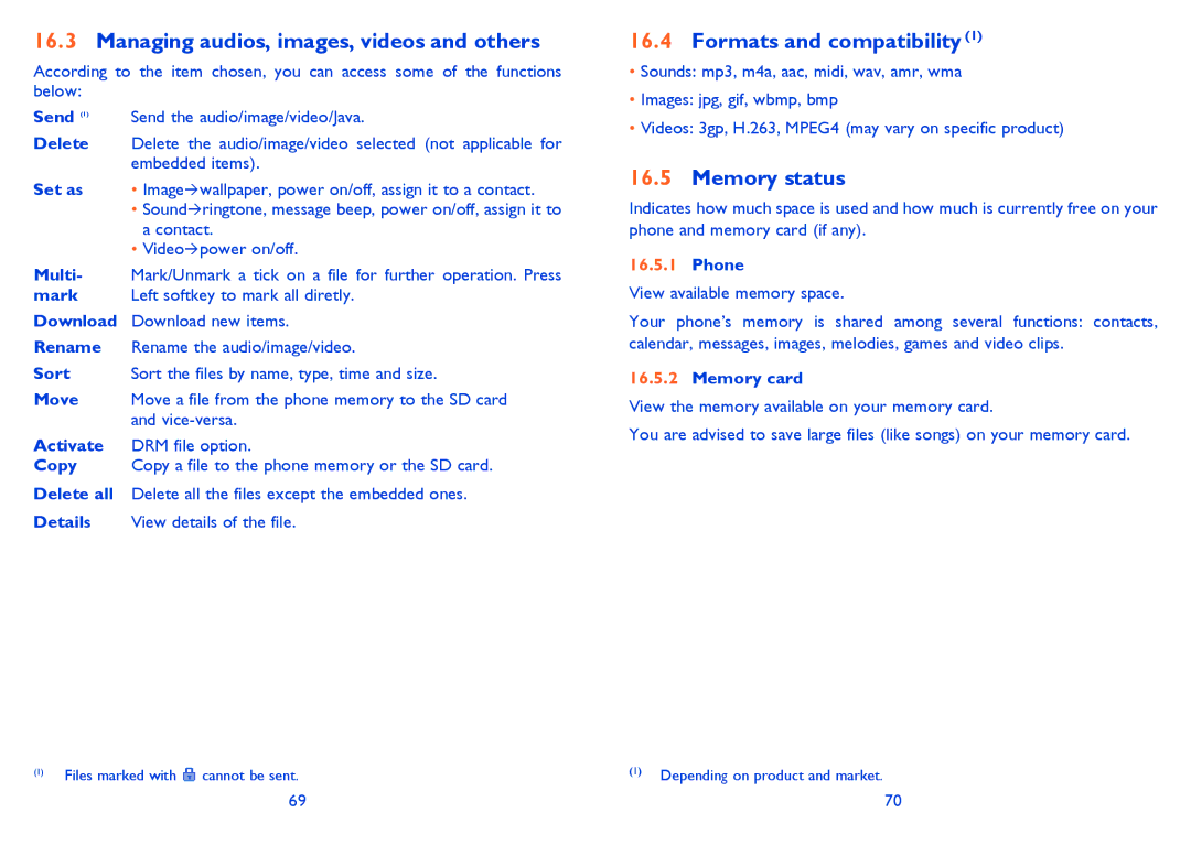 Alcatel 815D manual Managing audios, images, videos and others, Formats and compatibility, Memory status 