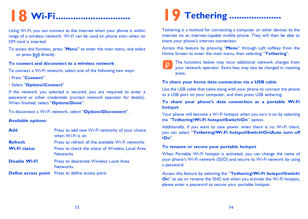 Alcatel 815D manual Wi-Fi, Tethering 
