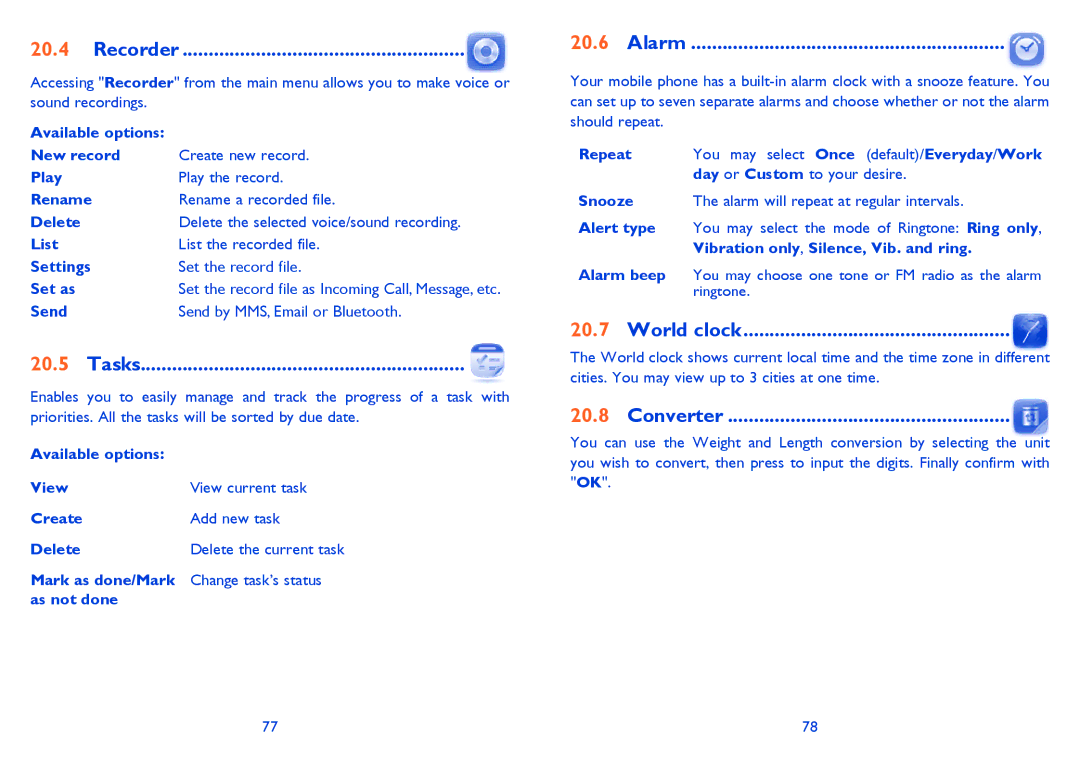 Alcatel 815D manual Recorder, Tasks, Alarm, World clock, Converter 