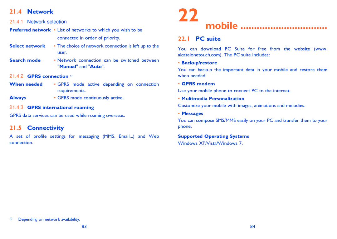 Alcatel 815D manual Making the most of your Mobile, Network, Connectivity, PC suite 
