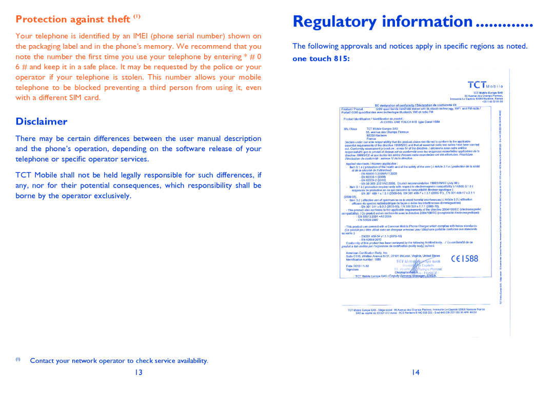 Alcatel 815D manual Regulatory information, Disclaimer, One touch 