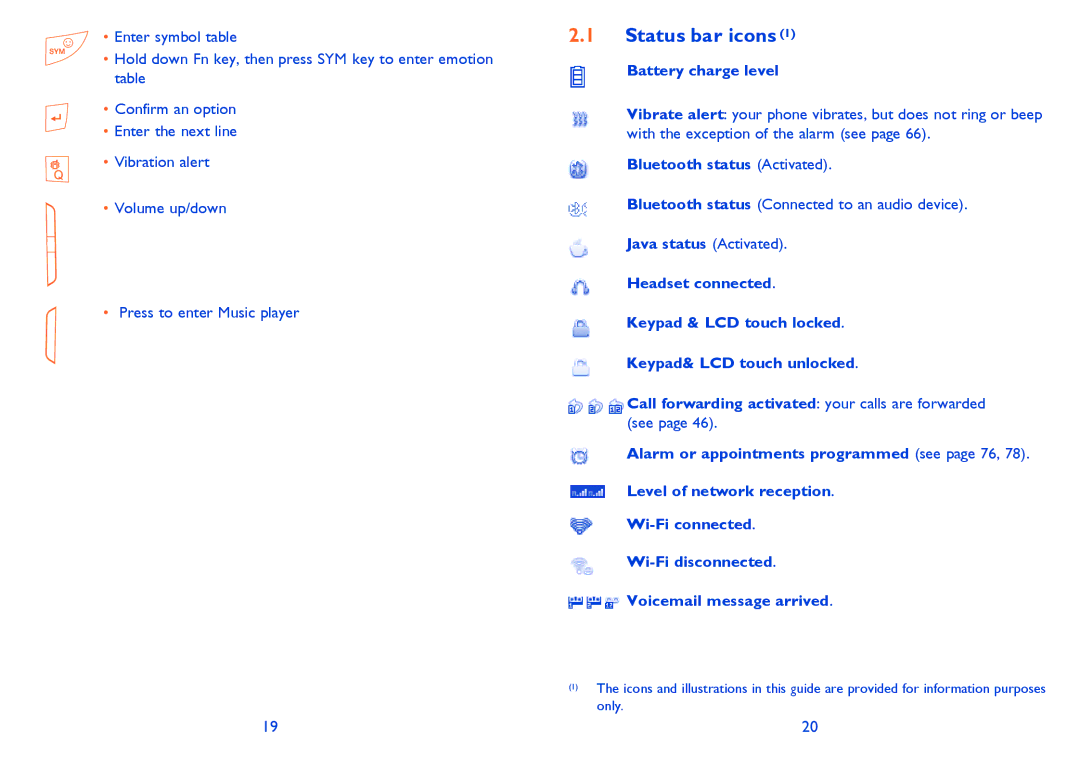 Alcatel 819D manual Status bar icons, Battery charge level, Bluetooth status Activated 