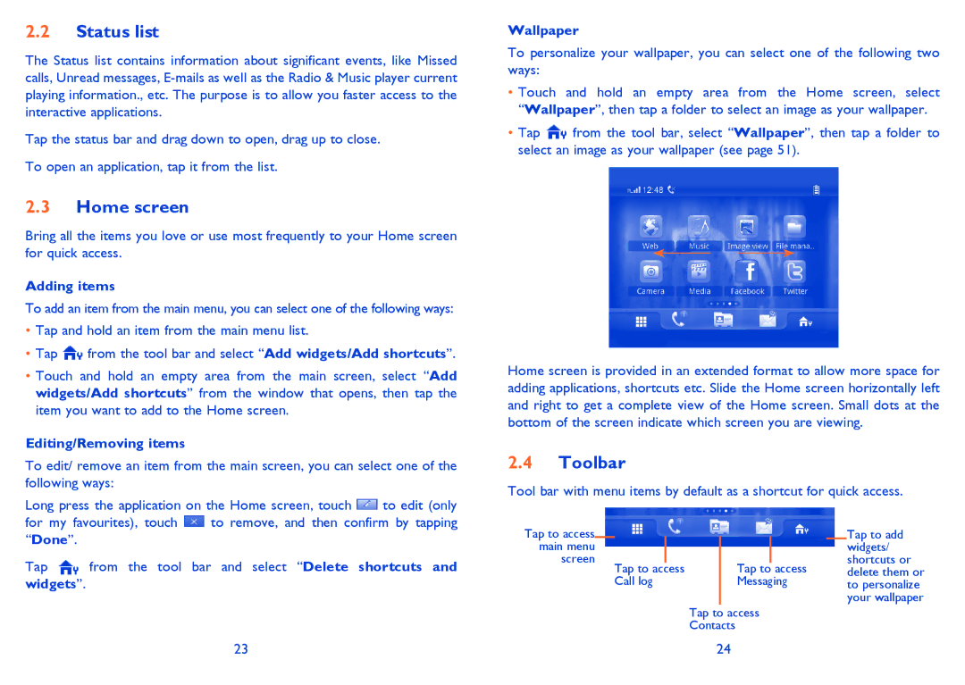 Alcatel 819D manual Status list, Toolbar, Adding items, Editing/Removing items, Wallpaper 