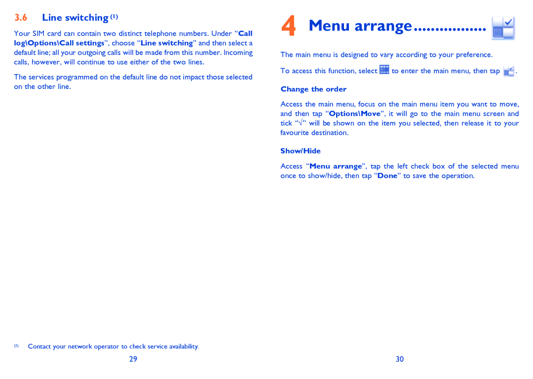 Alcatel 819D manual Menu arrange, Line switching, Change the order, Show/Hide 