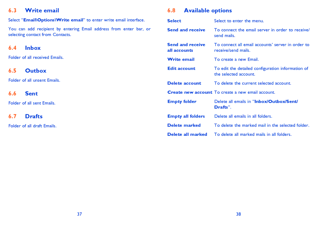 Alcatel 819D manual Write email, Inbox, Outbox, Sent, Drafts 