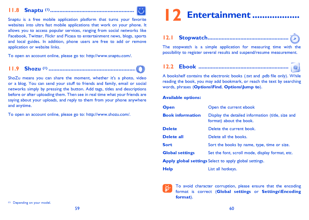 Alcatel 819D manual Entertainment, Snaptu, Shozu, Stopwatch, Ebook 