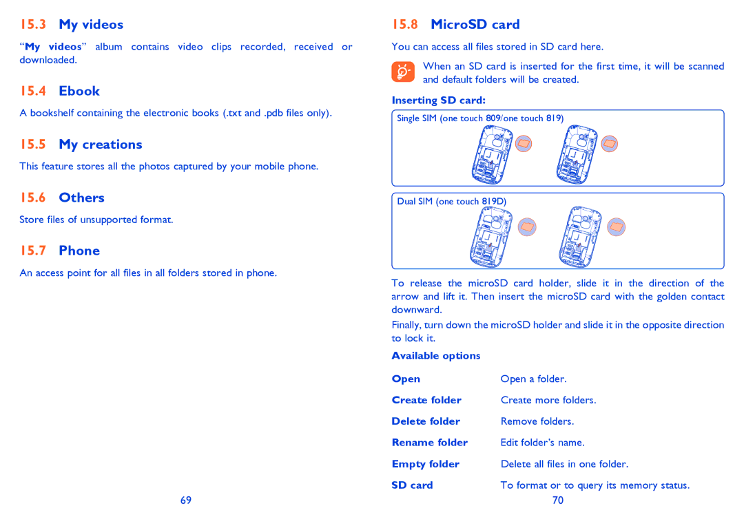 Alcatel 819D manual My videos, My creations, Others, Phone, MicroSD card 